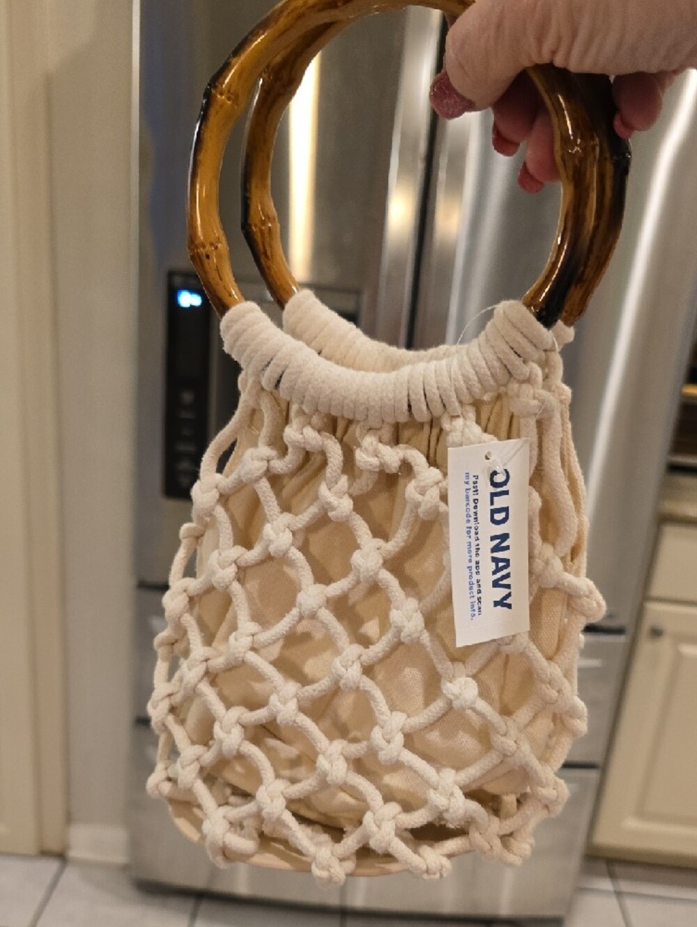 OLD NAVY VINTAGE Macrame Net Bag with Amber Resin Ring Handles - Cream - Picture 2 of 6